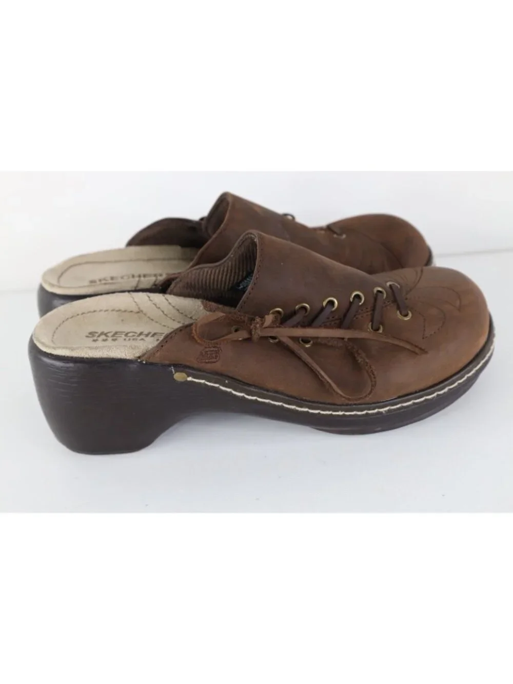 Vintage 90s Y2K Skechers Womens 7 Babydoll Leather Lace Chunky Slip On Shoes